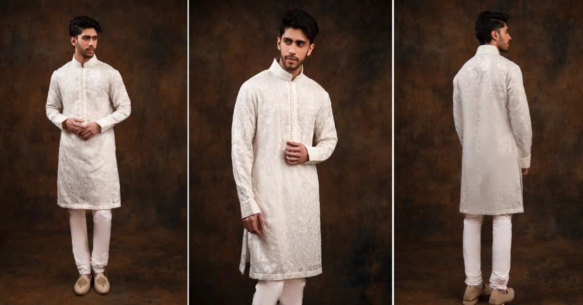 White Floral Silk Kurta