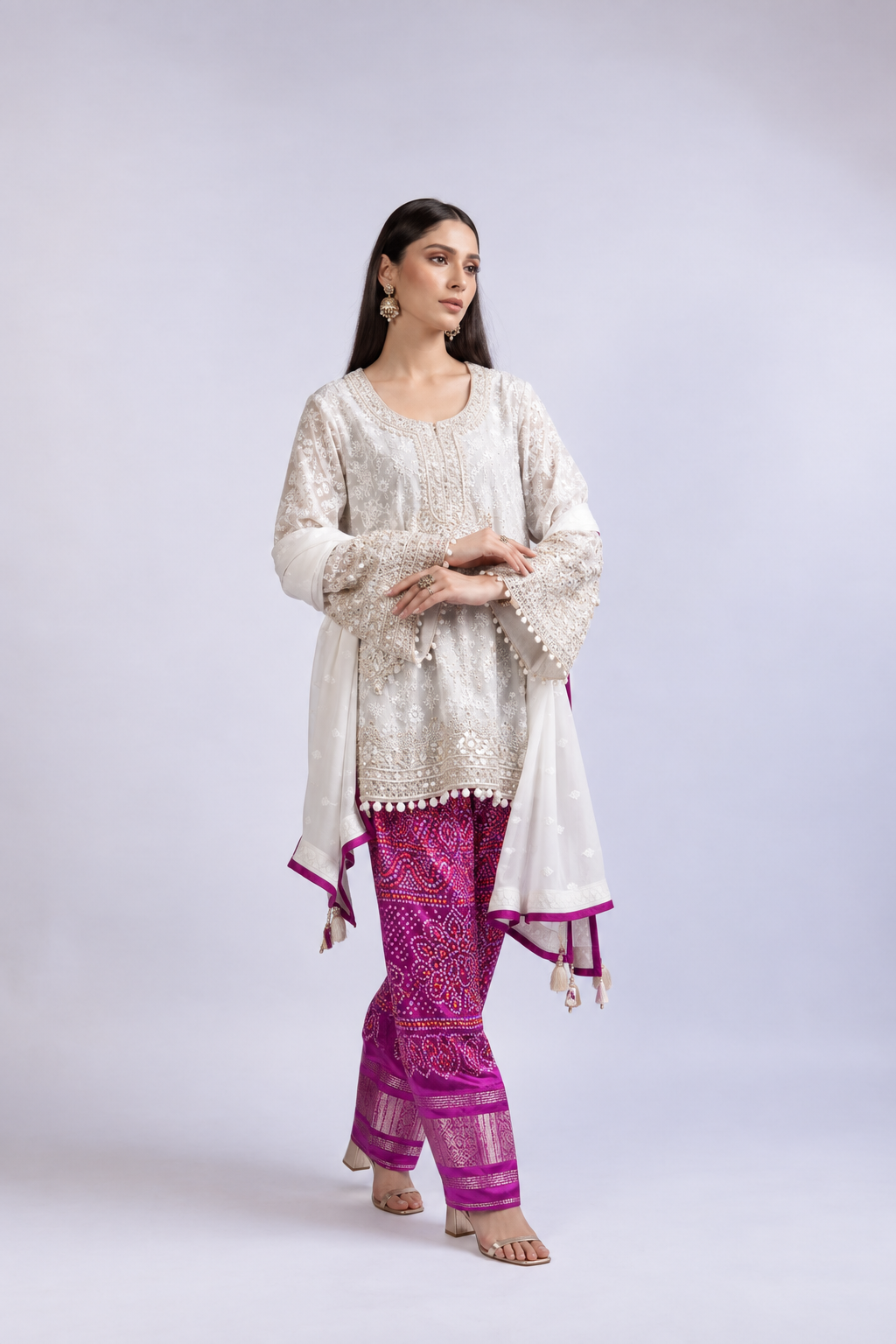 Ivory Chikankari Kurta Set with Purple Bandhani Salwar | Char Chaand