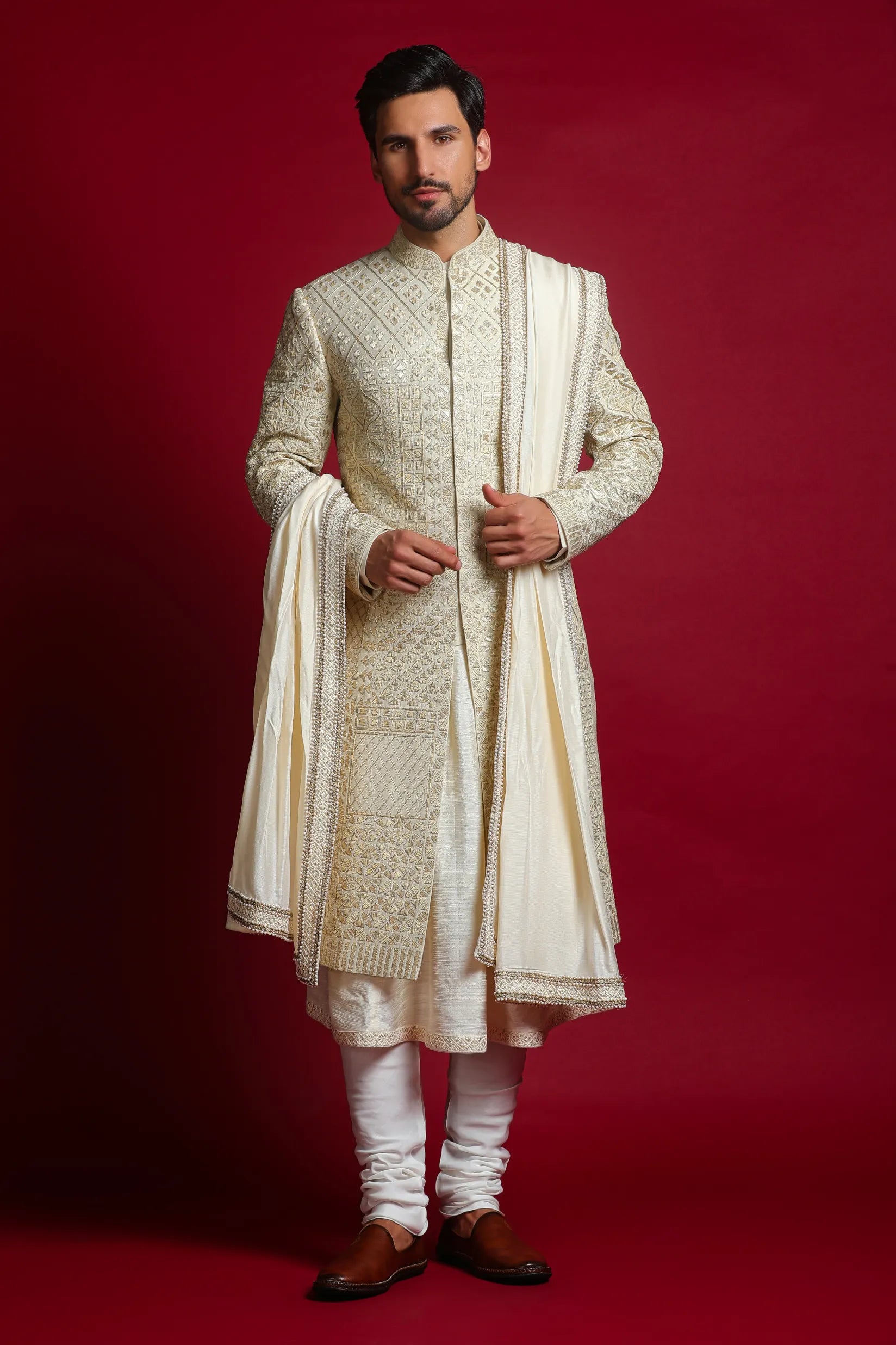 Luxe Ivory Cream Sherwani Set - Main Image