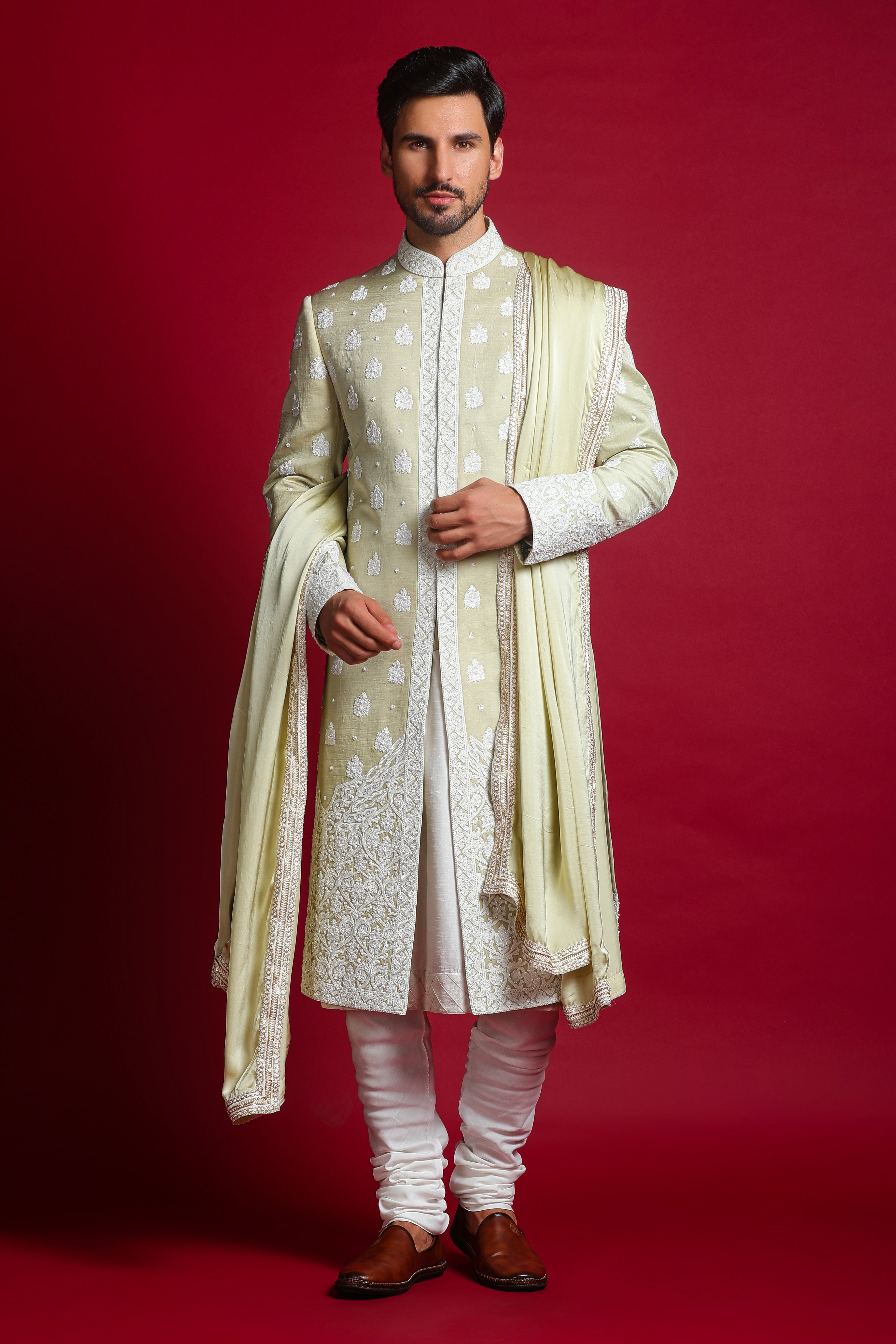 Pista Green Linen Silk Sherwani Set - Main Image