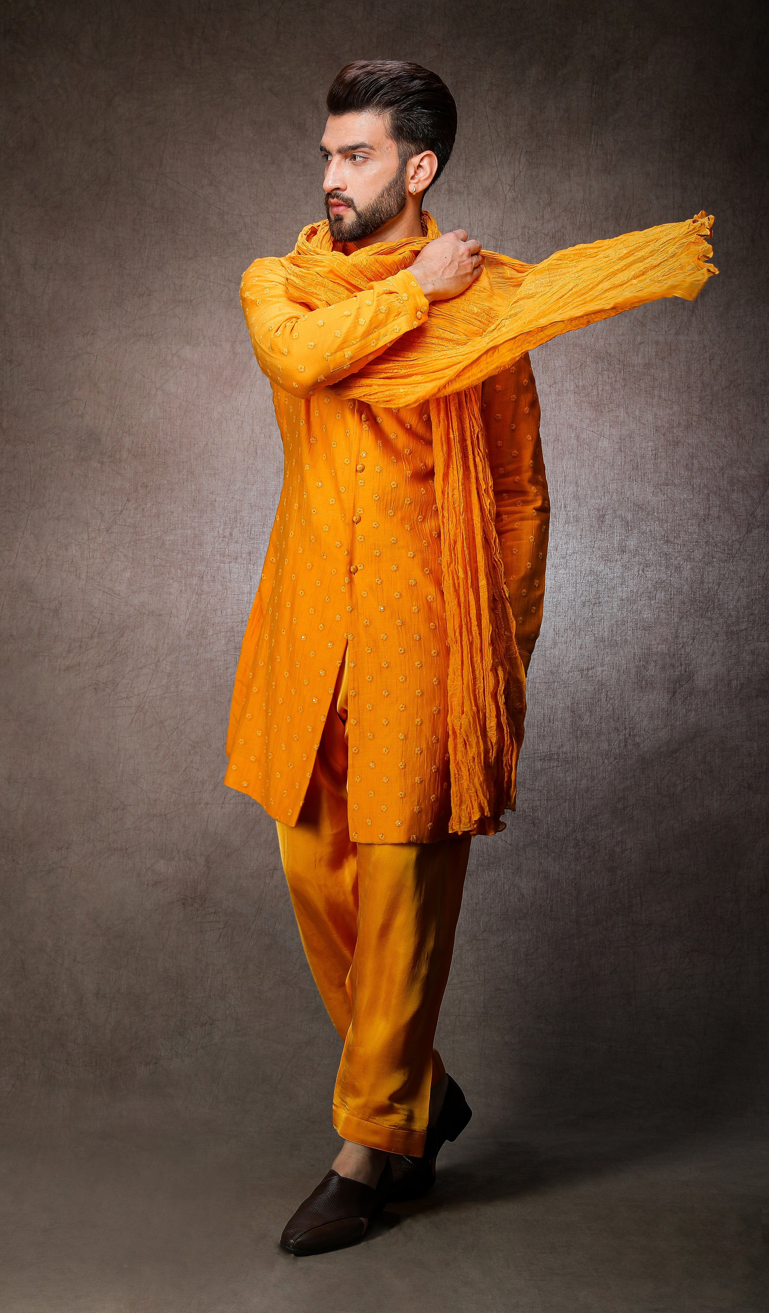 white christmas dresses Solid Yellow Haldi Cotton Kurta for Men by Crease India main image 1