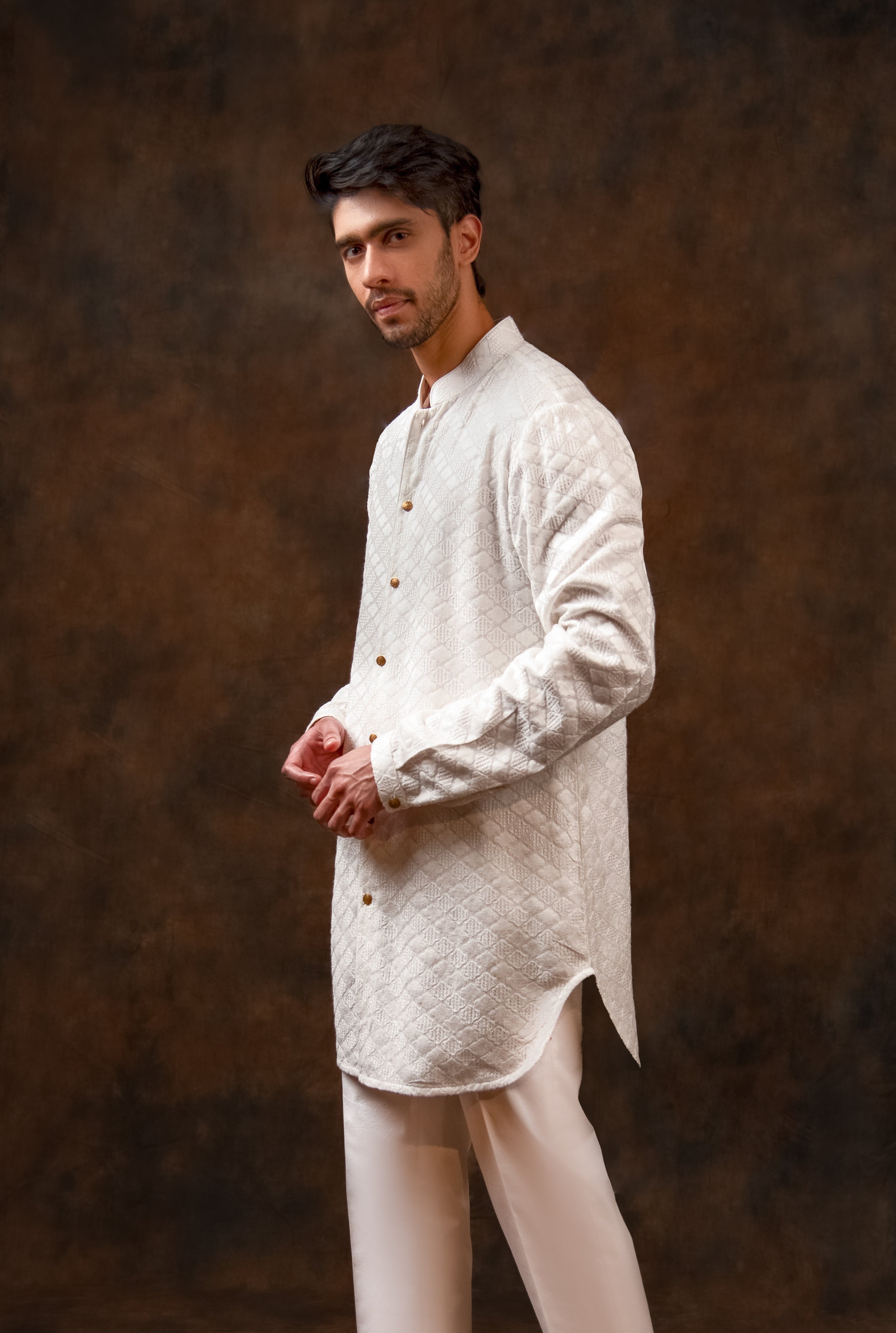 Ivory Button-Front Textured Kurta