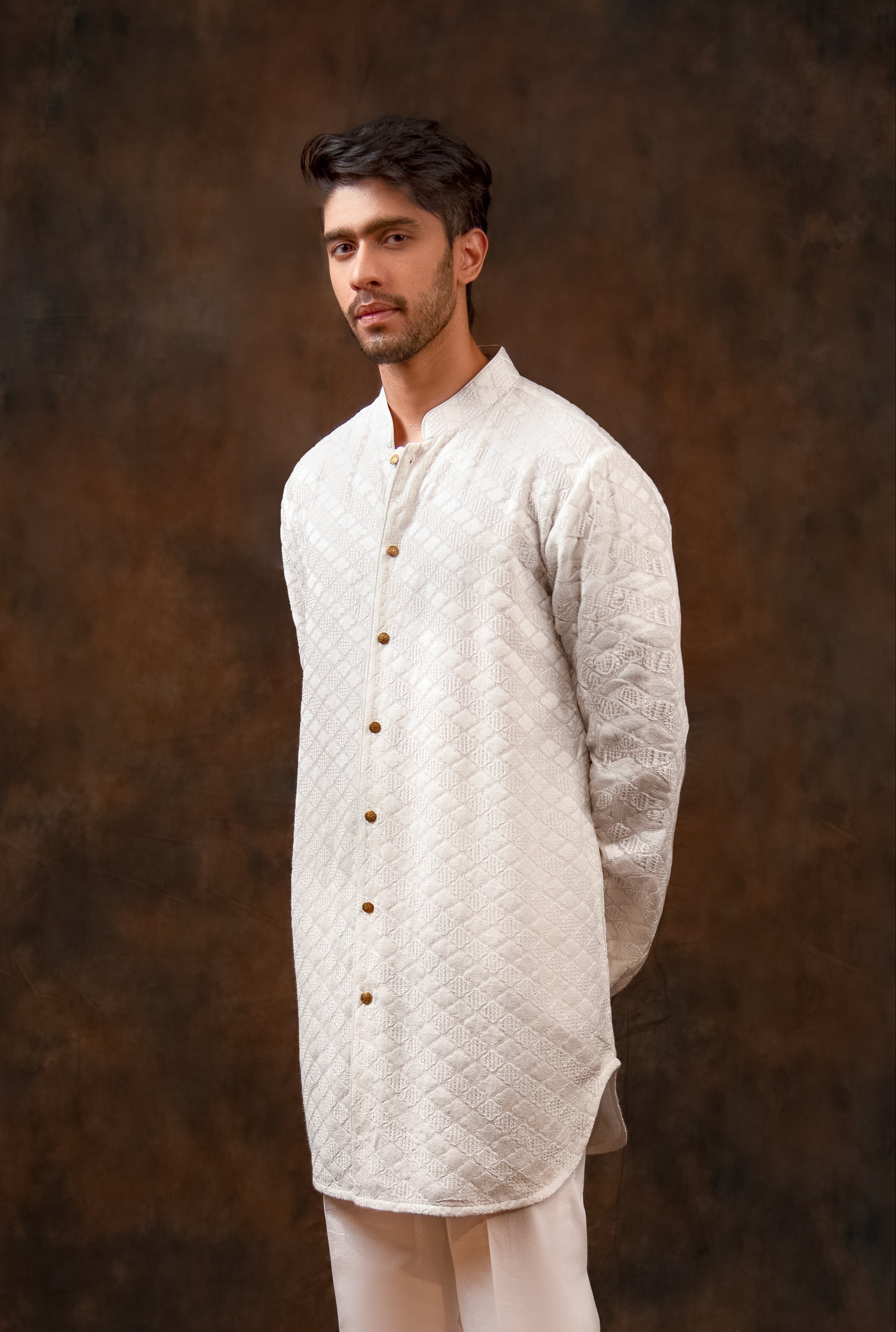 Ivory Button-Front Textured Kurta