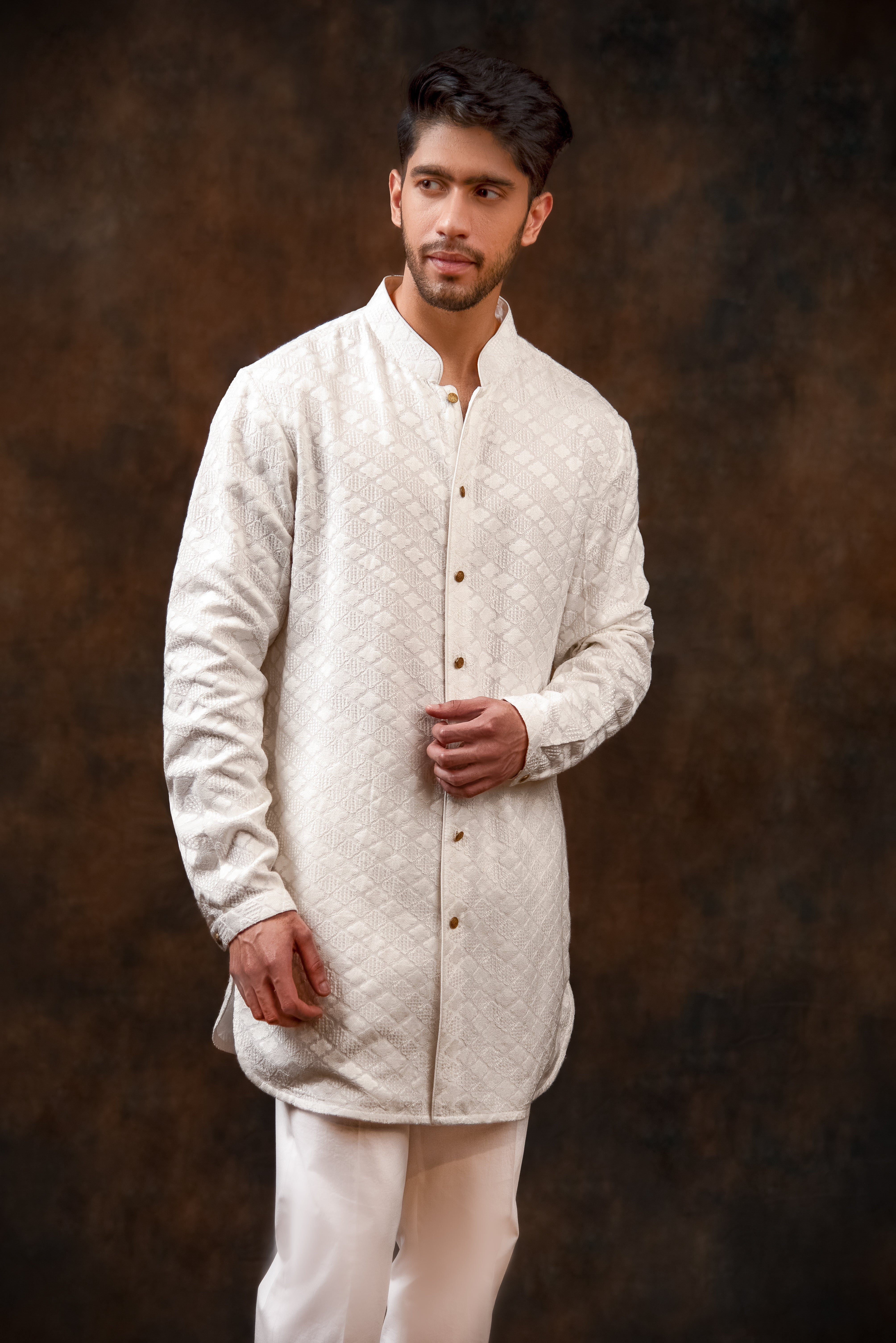Ivory Button-Front Textured Kurta for Men