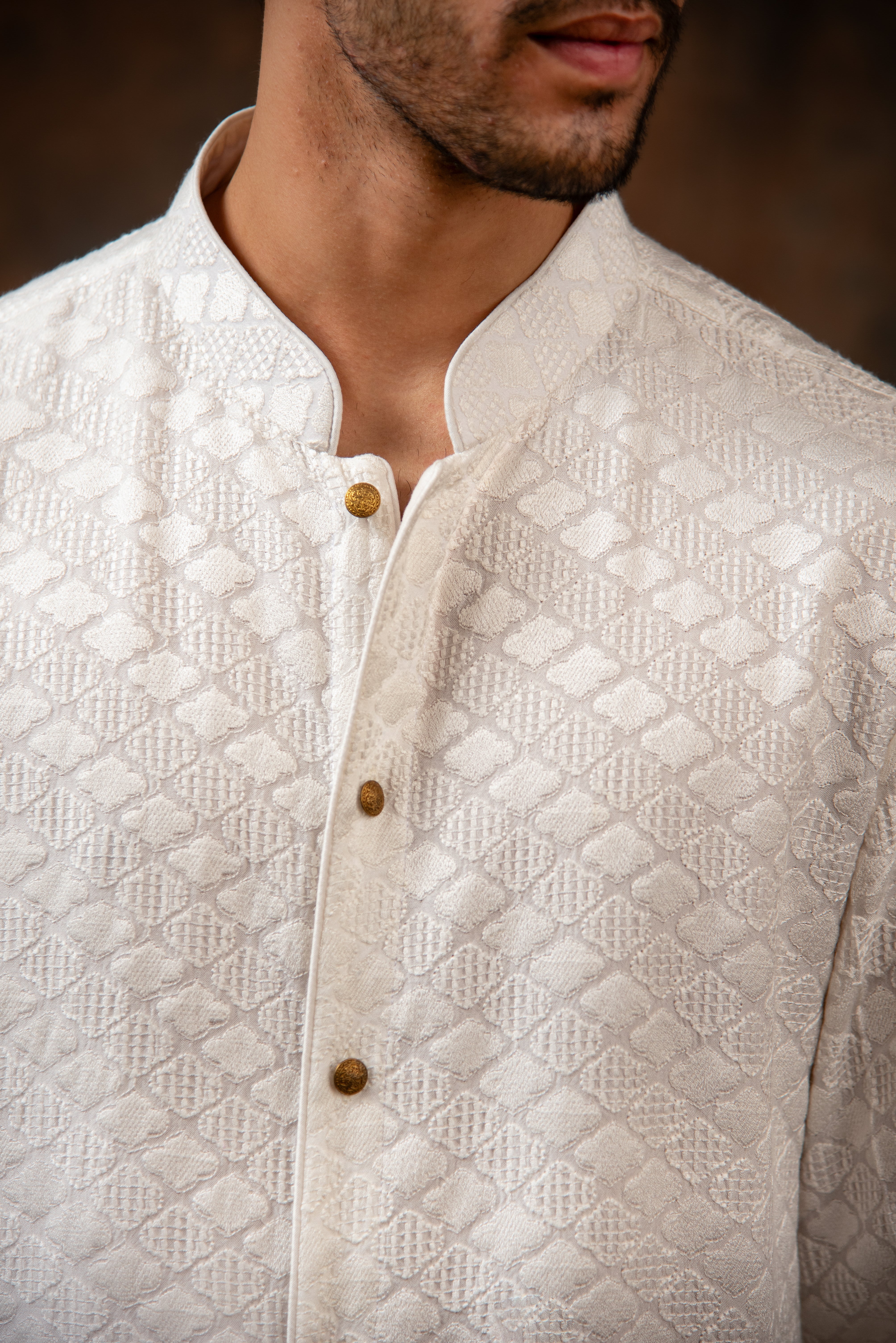 Ivory Button-Front Textured Kurta