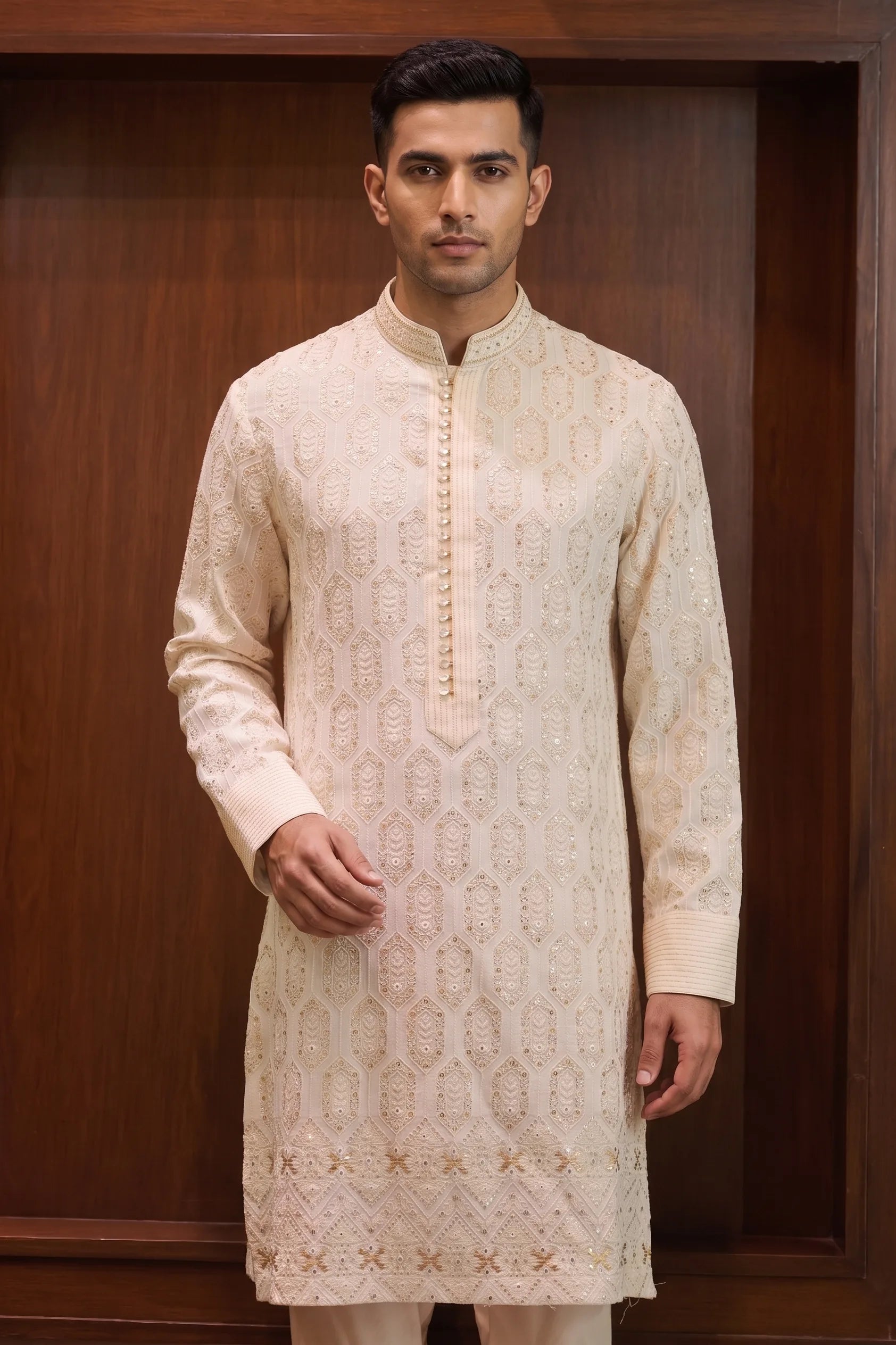 Noor Ivory Georgette Embroidered Kurta – front view | Char Chaand