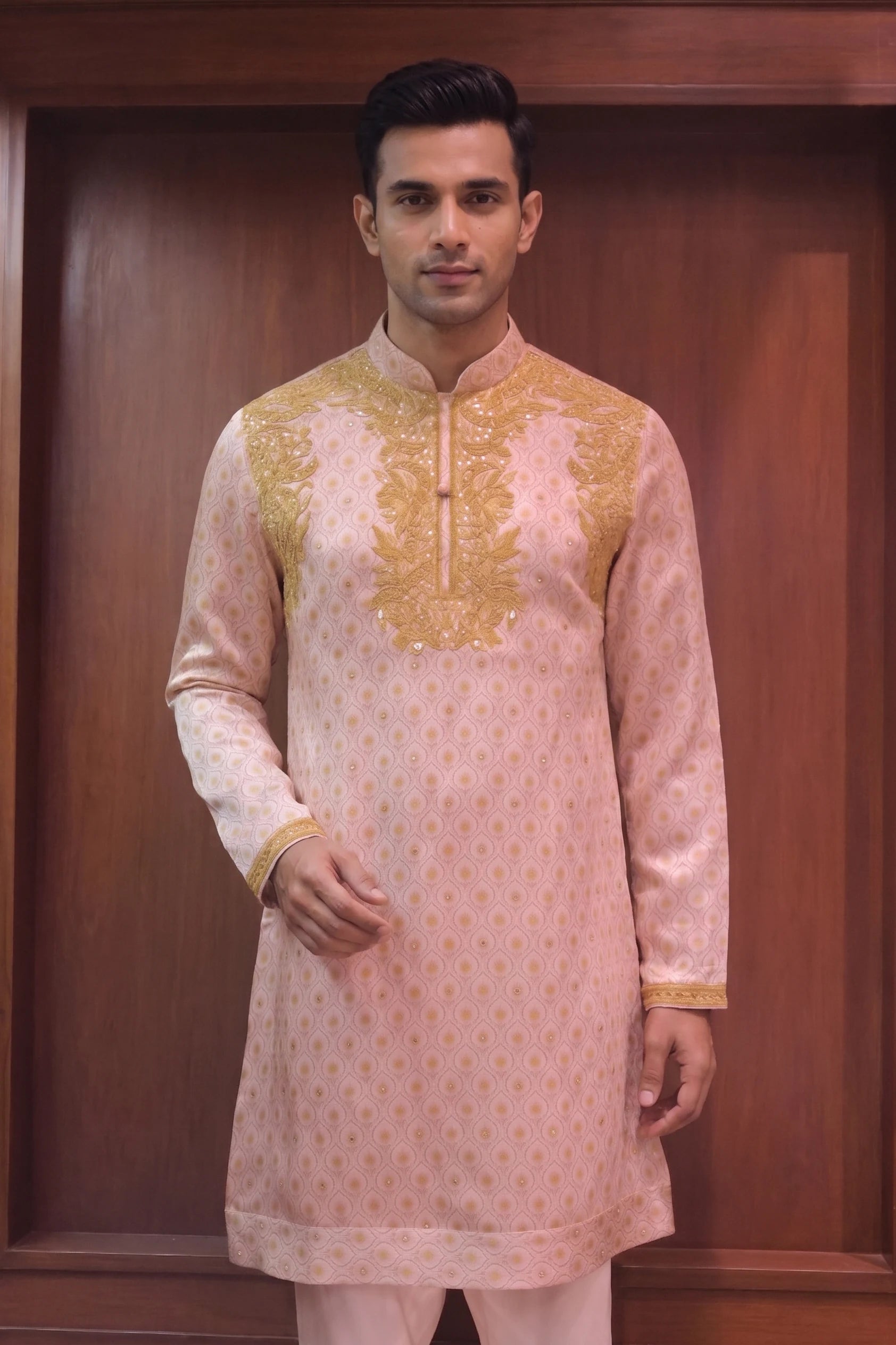 Ivory Mustard Embroidered Linen Satin Kurta – front view | Char Chaand