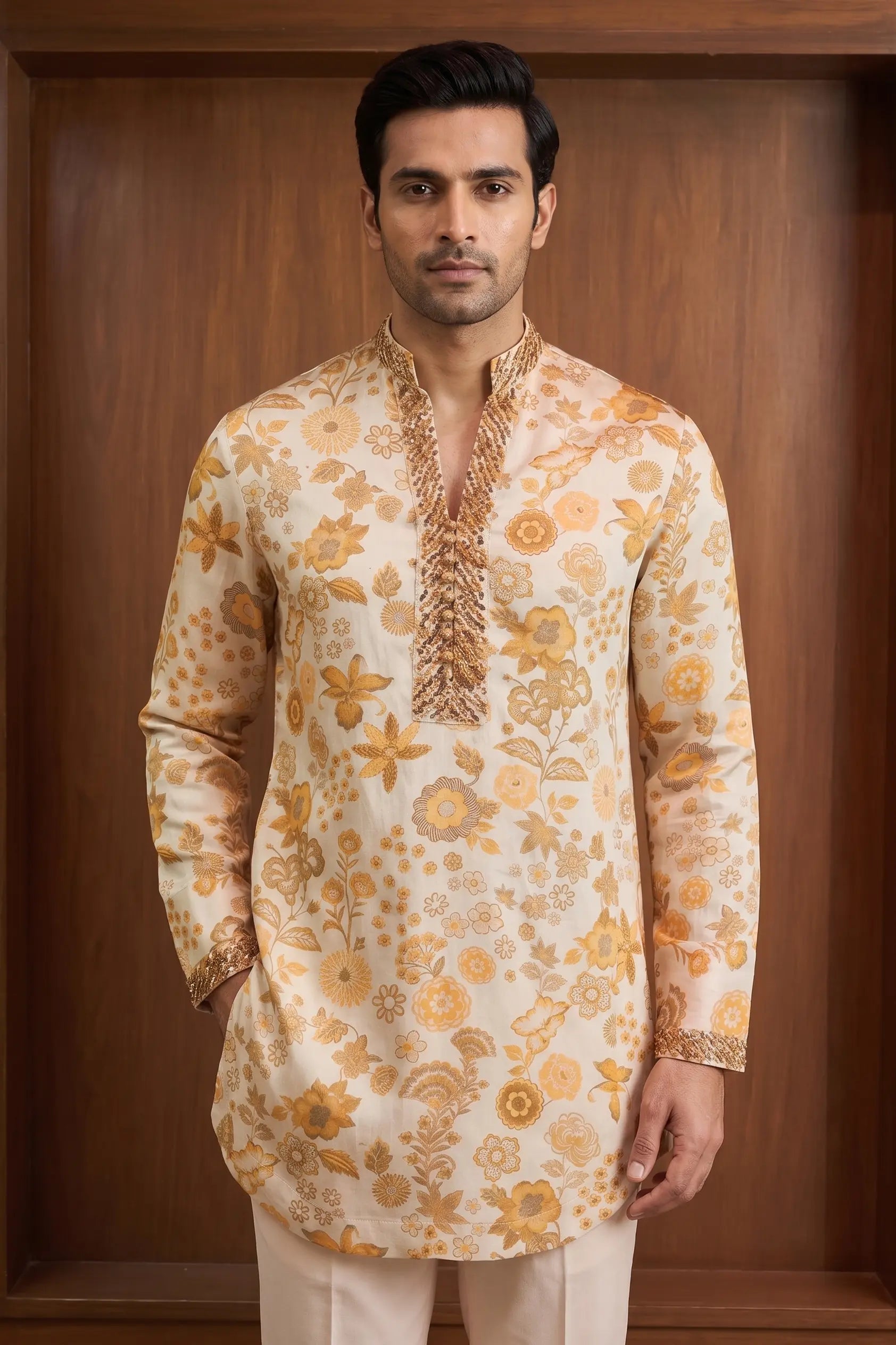 Gulzaar Ivory Floral Linen Satin Kurta – front view | Char Chaand