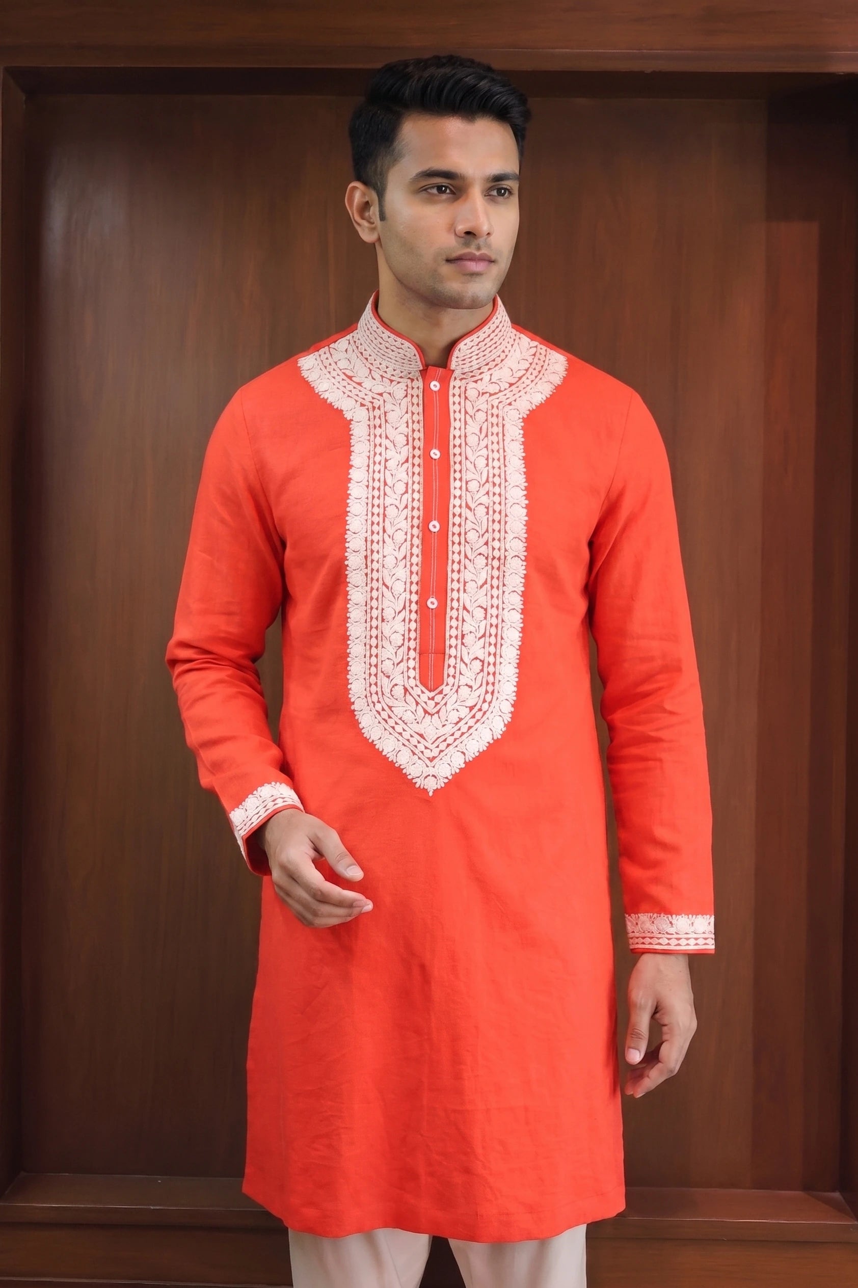 Rangrez Red Silk Embroidered Kurta – front view | Char Chaand
