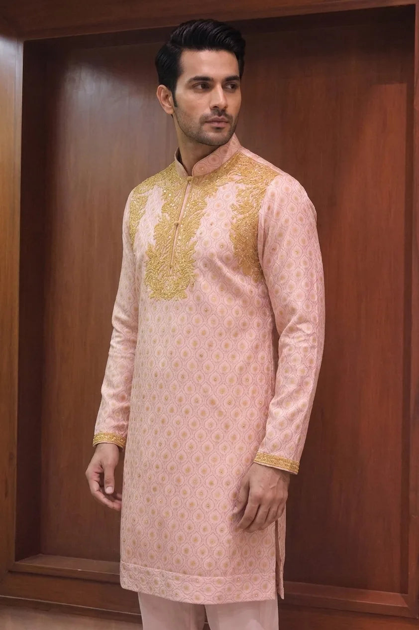 Ivory Mustard Embroidered Linen Satin Kurta – side view | Char Chaand