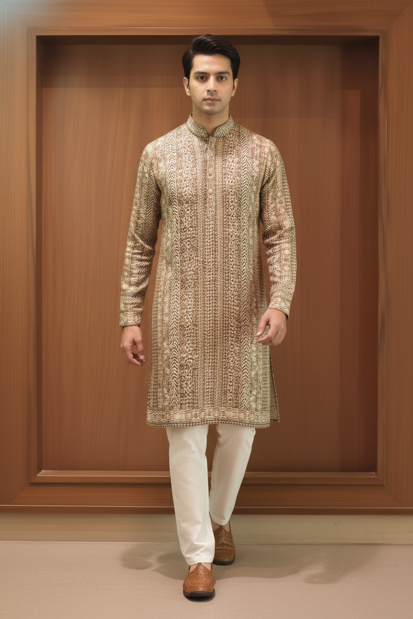 Antique gold animal print linen silk kurta with mandarin collar