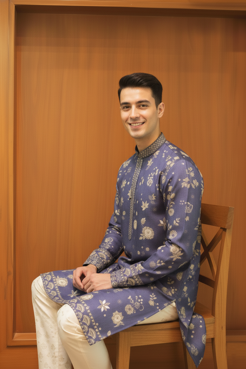 Midnight Blue Floral Heritage Kurta