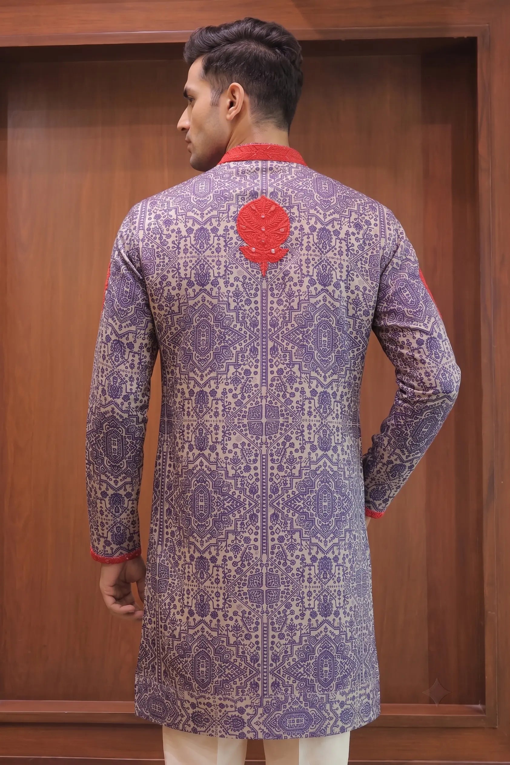 Black & Red Printed Linen Satin Kurta – embroidery detail | Char Chaand