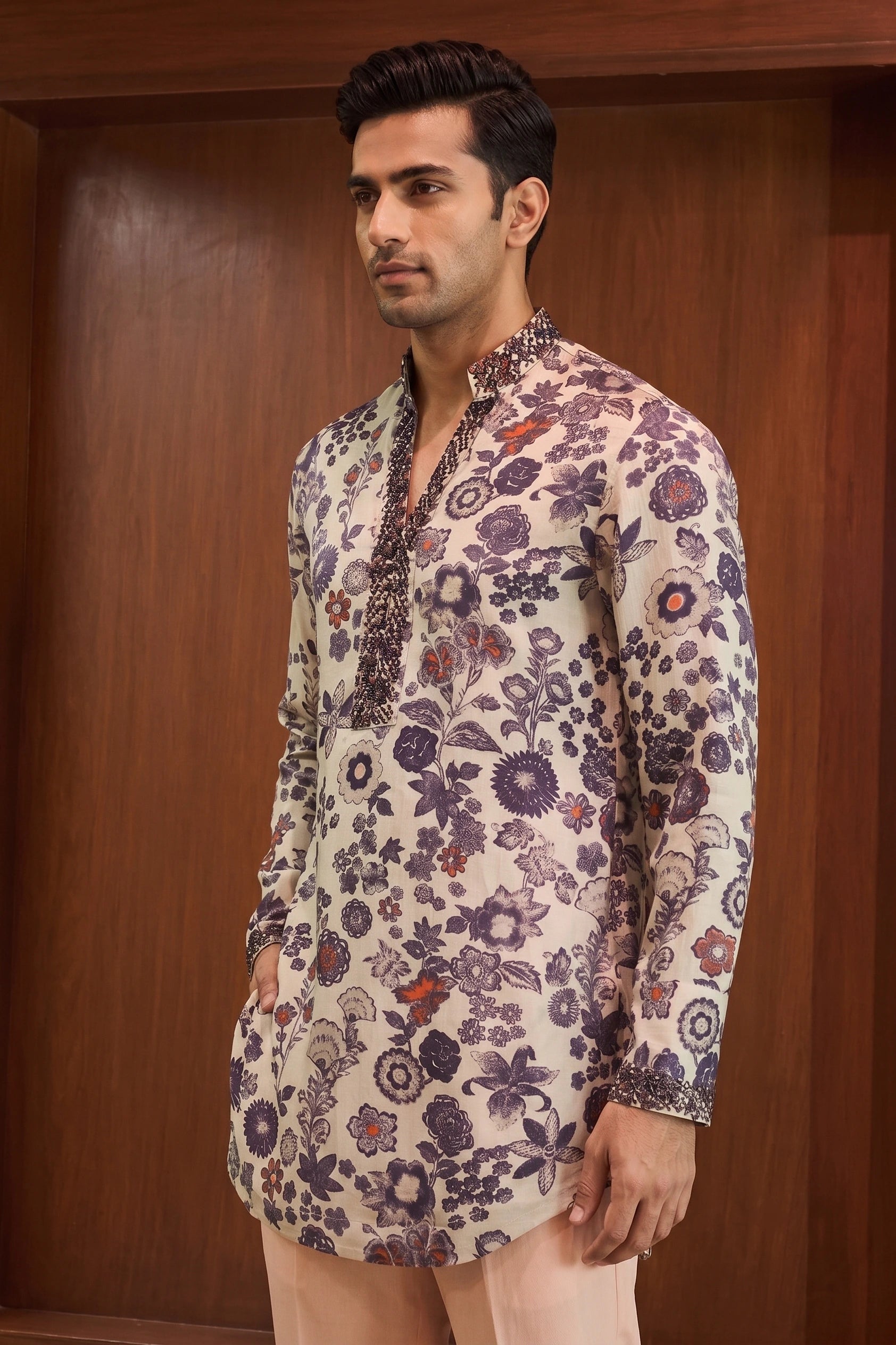 Gulzaar Ice Blue Floral Linen Satin Kurta – side view | Char Chaand