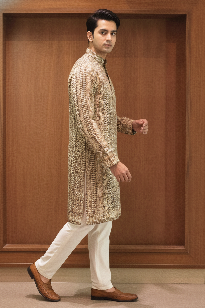Antique gold animal print linen silk kurta with mandarin collar