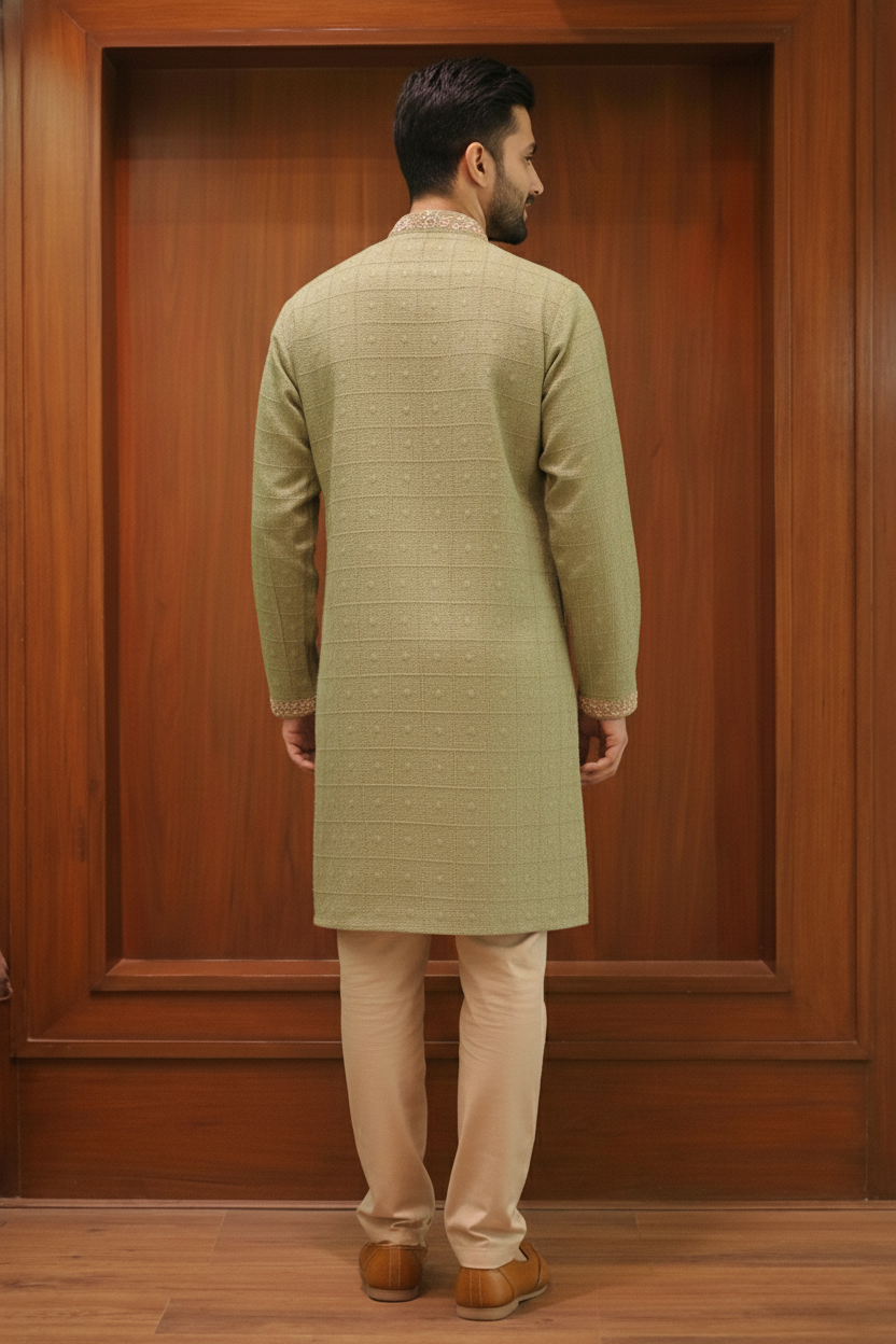 green cotton embroidered kurta