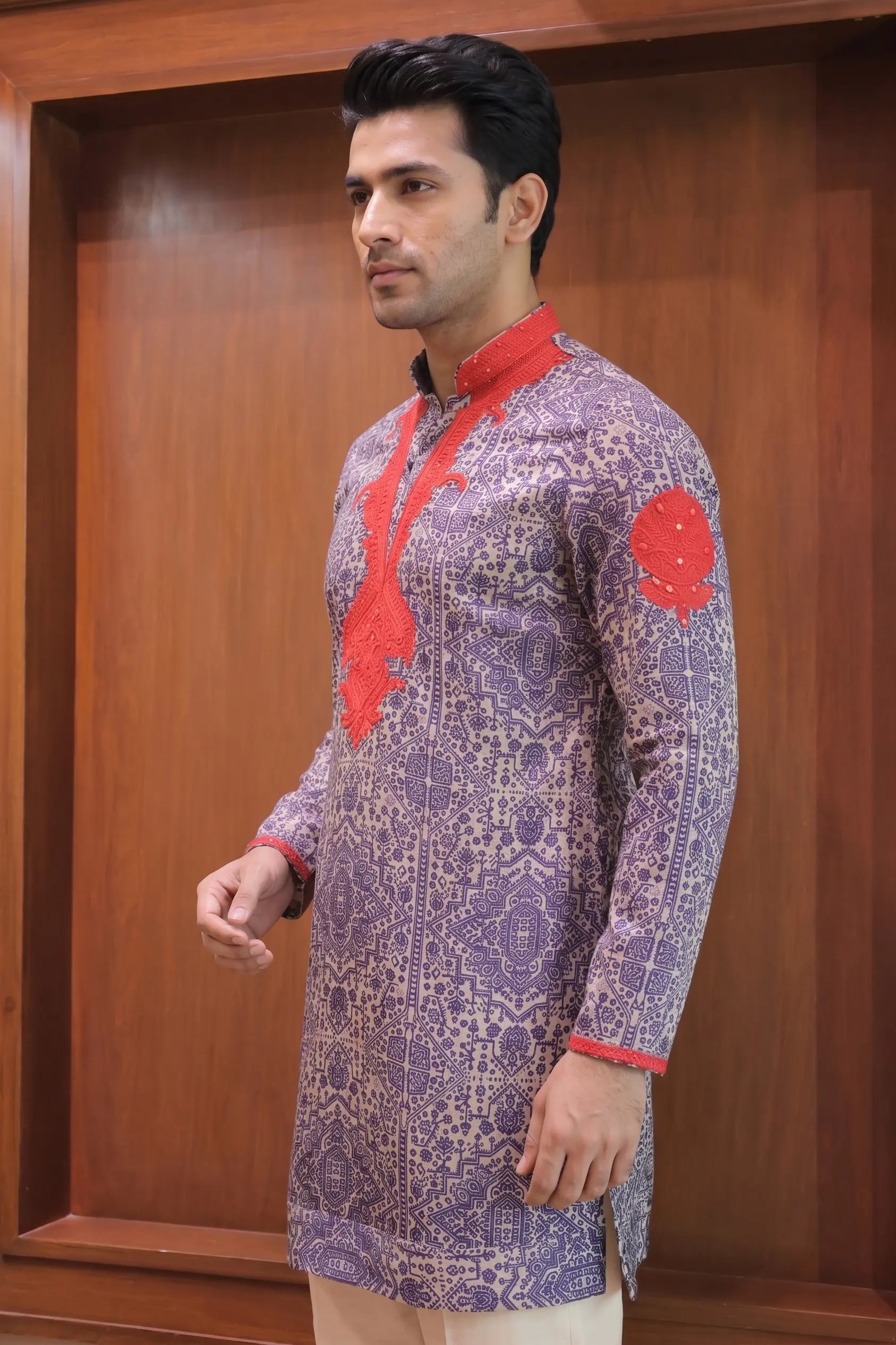Black & Red Printed Linen Satin Kurta – side view | Char Chaand