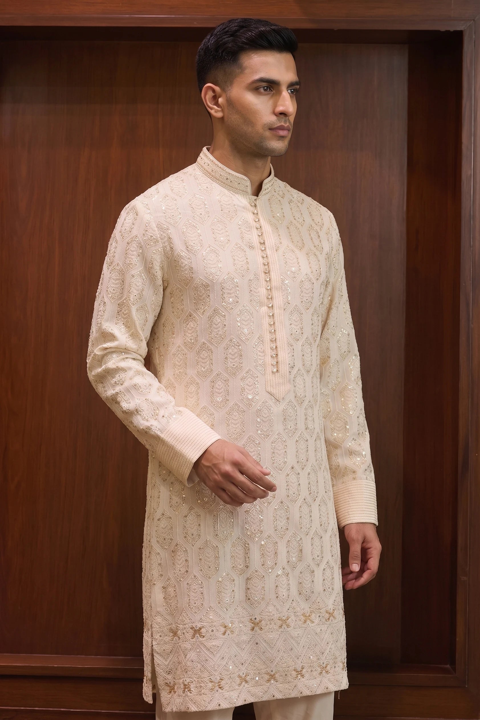 Noor Ivory Georgette Embroidered Kurta – side view | Char Chaand