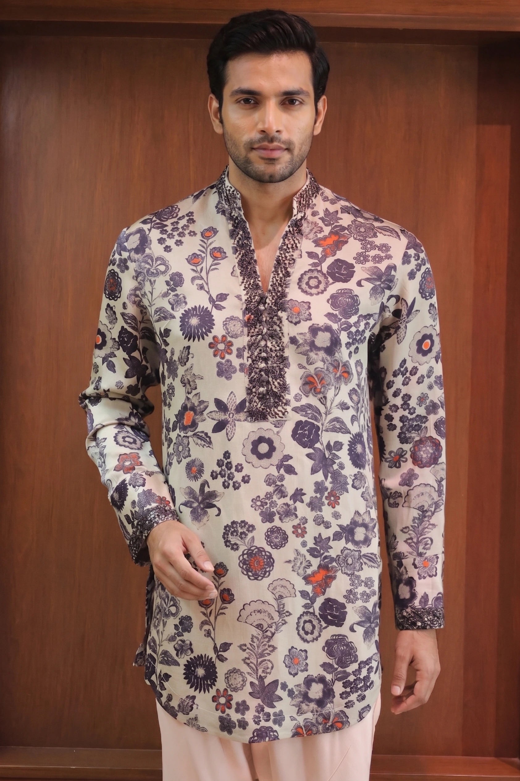 Gulzaar Ice Blue Floral Linen Satin Kurta – front view | Char Chaand