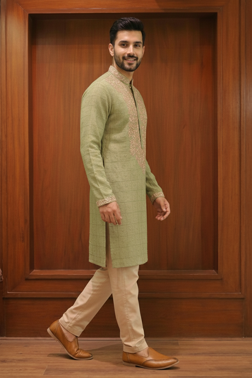 green cotton embroidered kurta