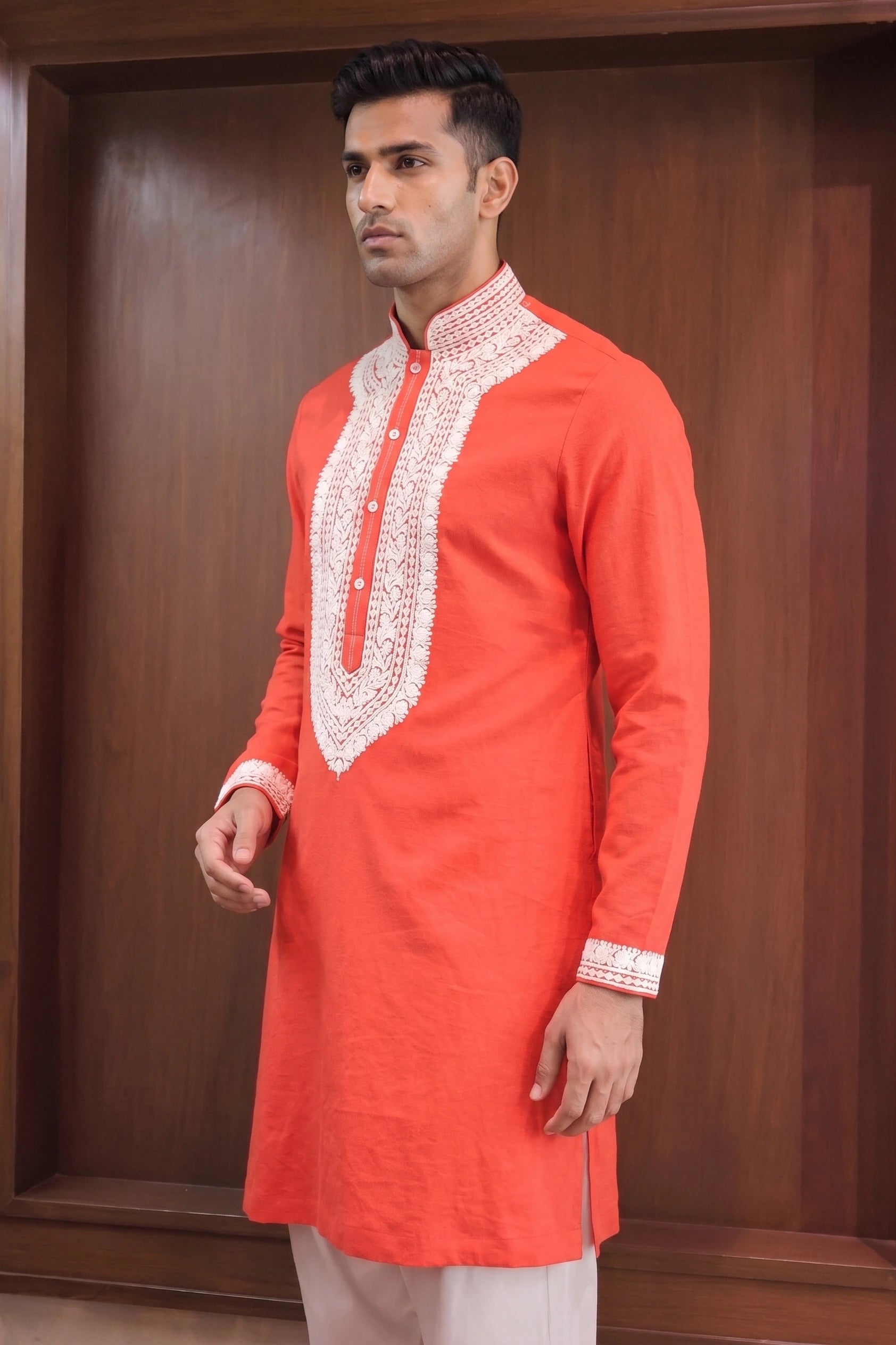 Rangrez Red Silk Embroidered Kurta – side view | Char Chaand