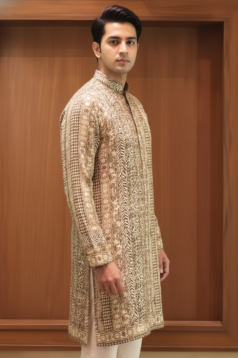 Antique gold animal print linen silk kurta with mandarin collar