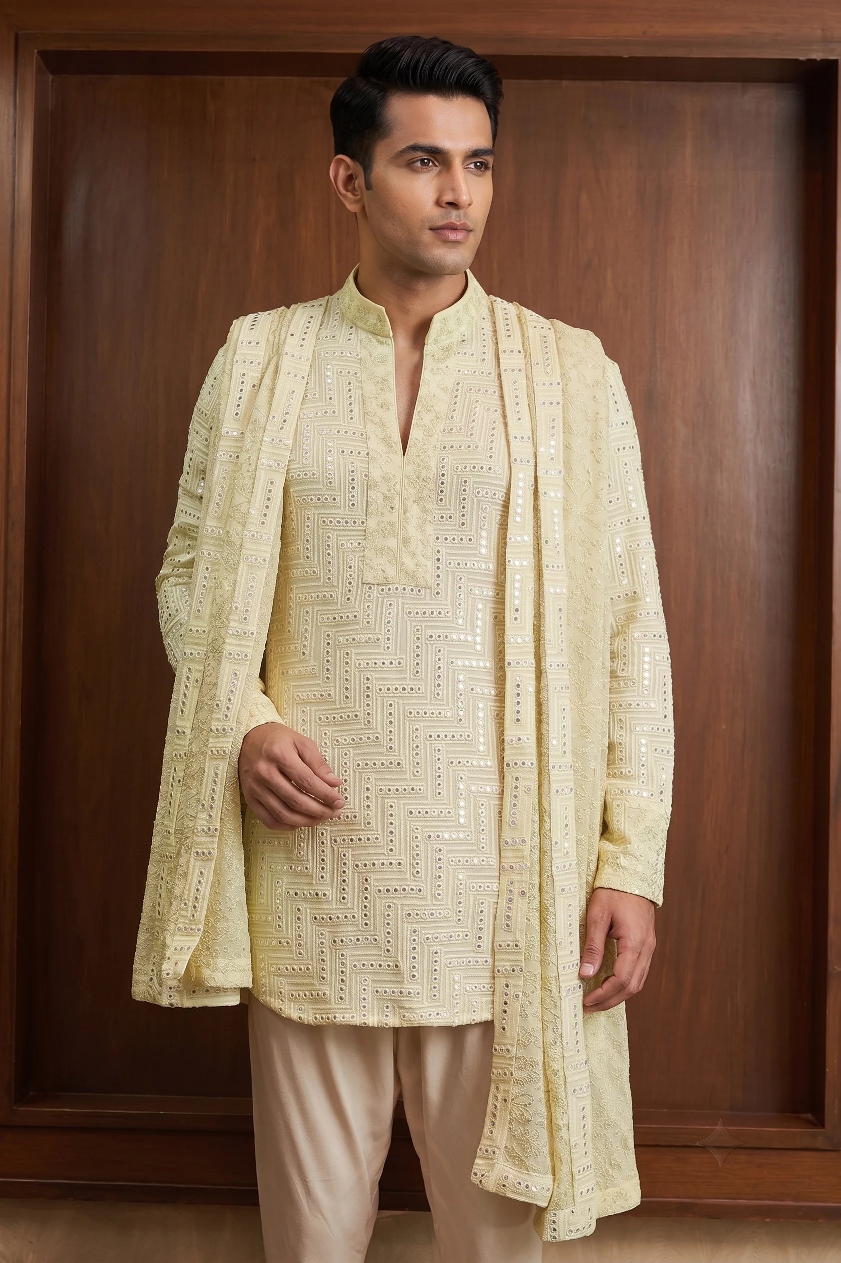 Noor-e-Lemon Embroidered Kurta with Stole – front view | Char Chaand