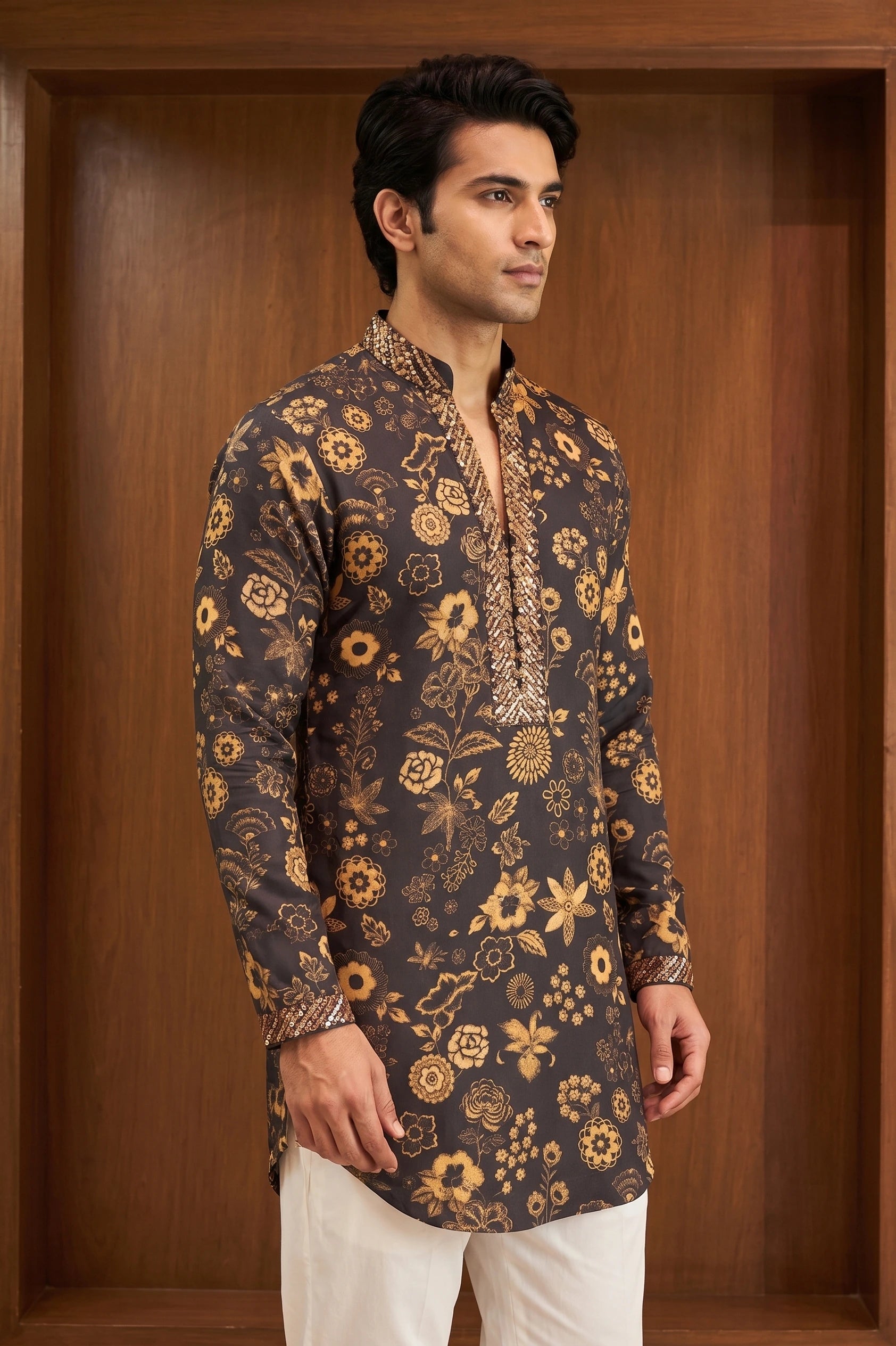 Gulzaar Black Floral Linen Satin Kurta – side view | Char Chaand