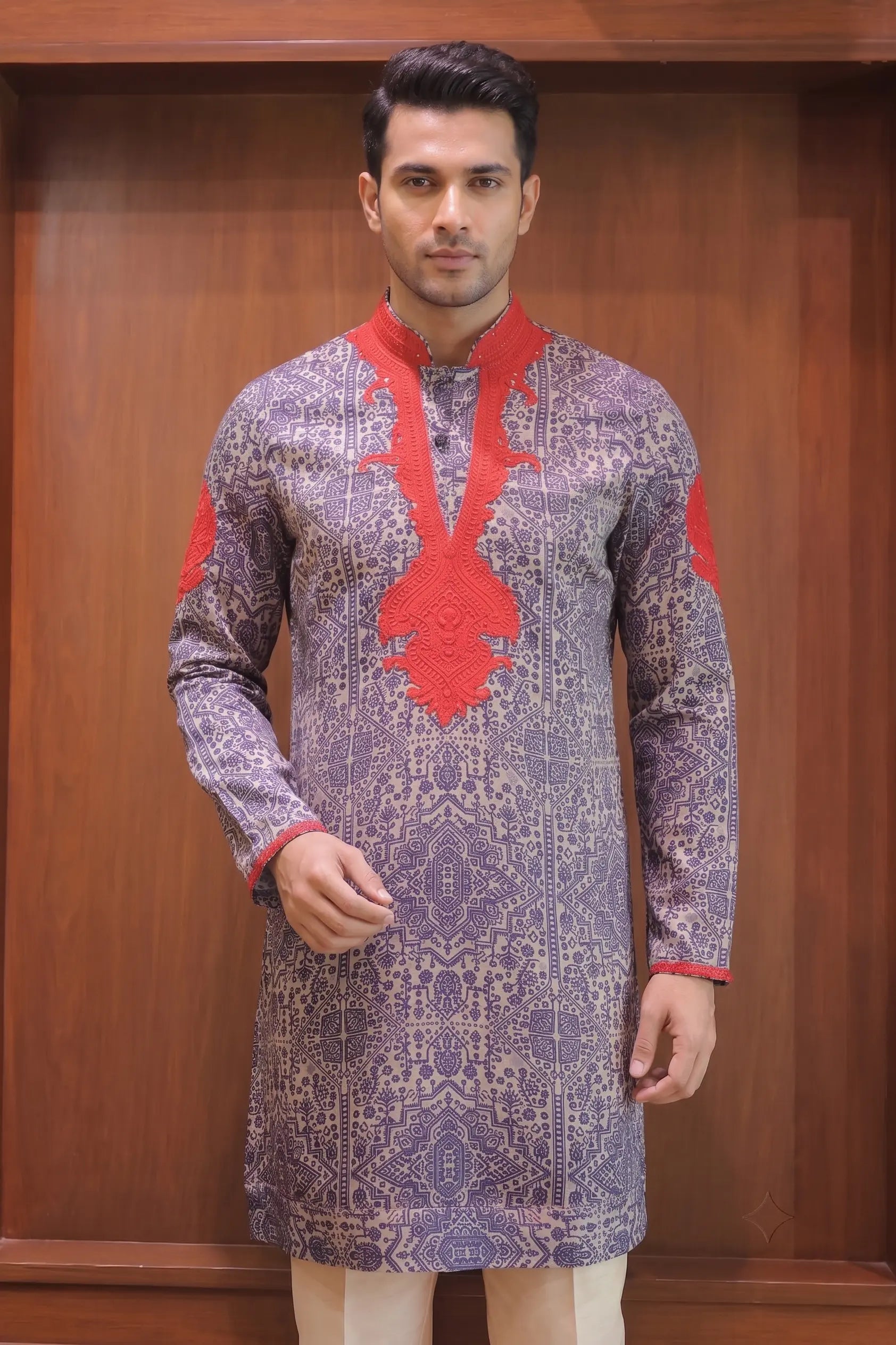 Black & Red Printed Linen Satin Kurta – front view | Char Chaand