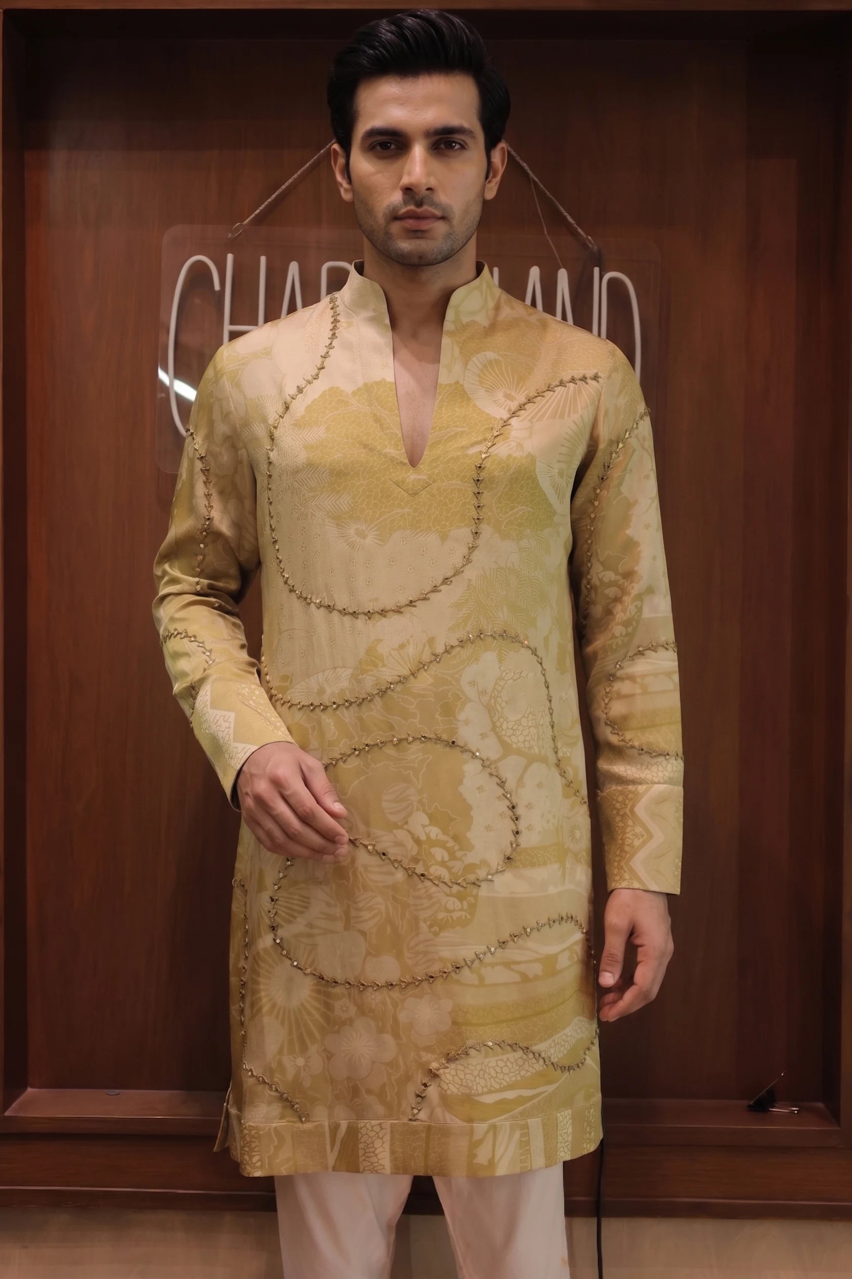Mehendi Green Printed Embellished Kurta – front view | Char Chaand
