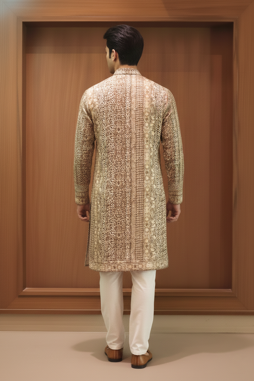 Antique gold animal print linen silk kurta with mandarin collar