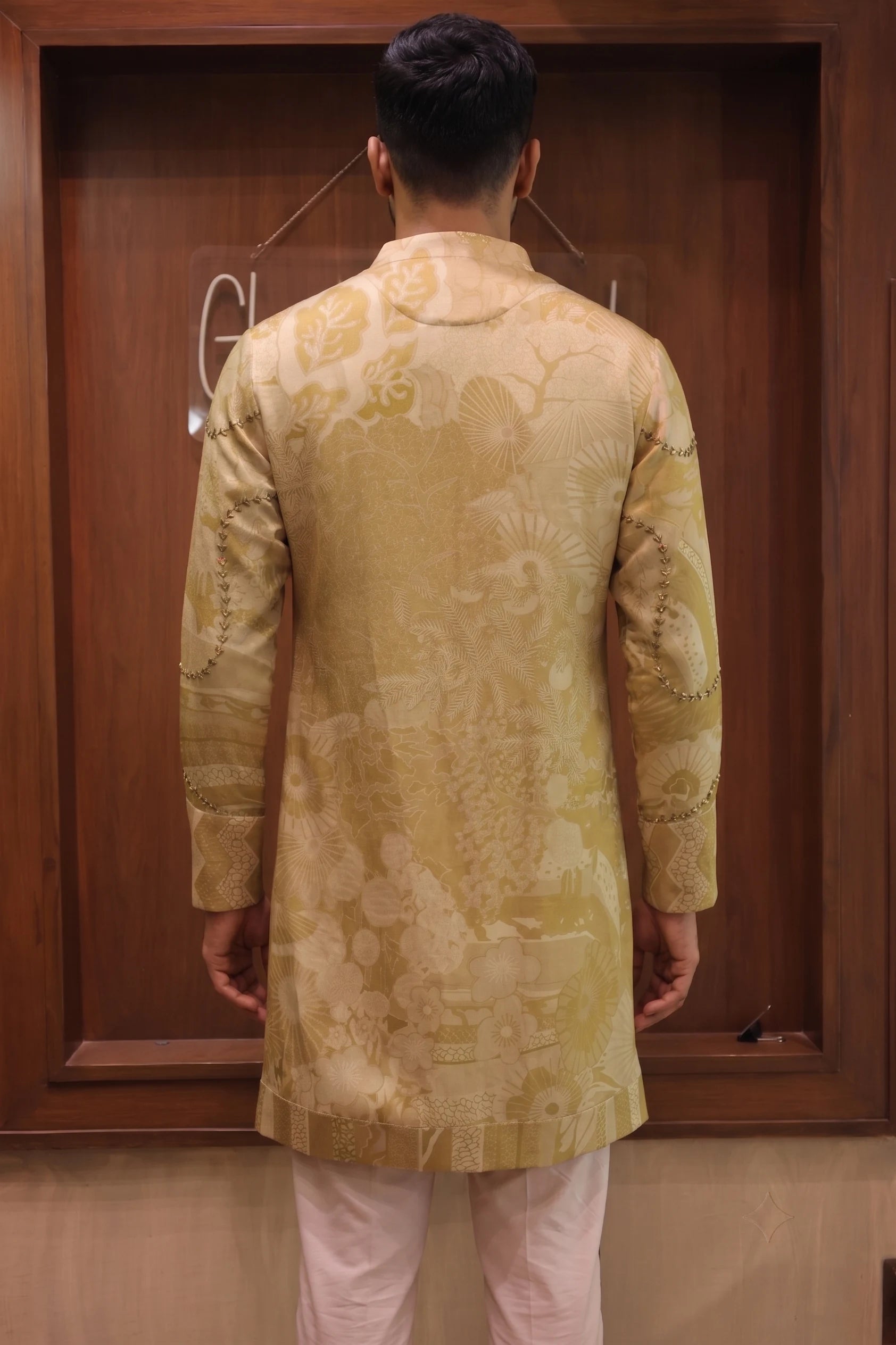 Mehendi Green Printed Embellished Kurta – embellished panel detail | Char Chaand