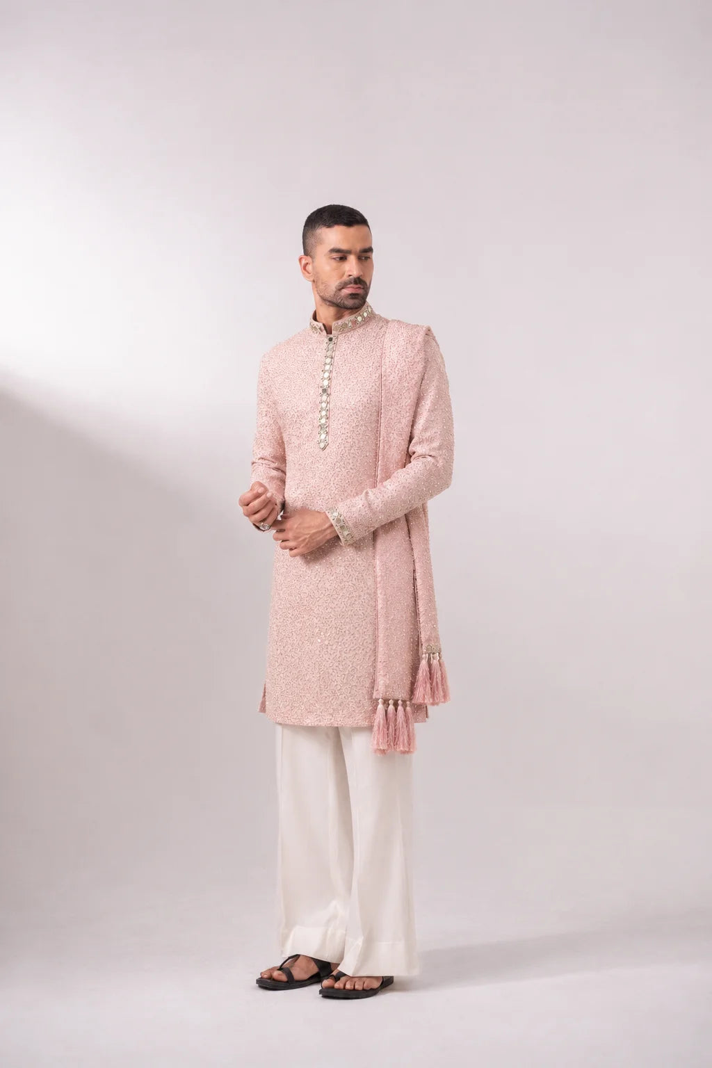 Gulabi pink silk kurta for men with embellished collar and matching tasselled stole by Char Chaand
