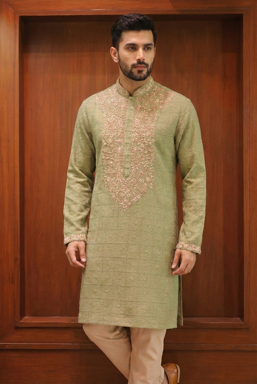 green cotton embroidered kurta