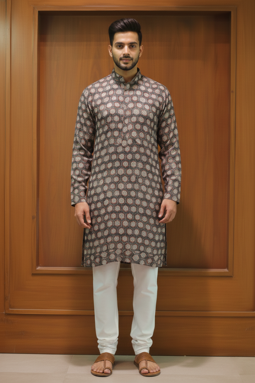 Brown geometric linen silk kurta