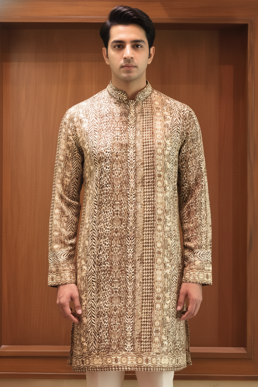Antique gold animal print linen silk kurta with mandarin collar