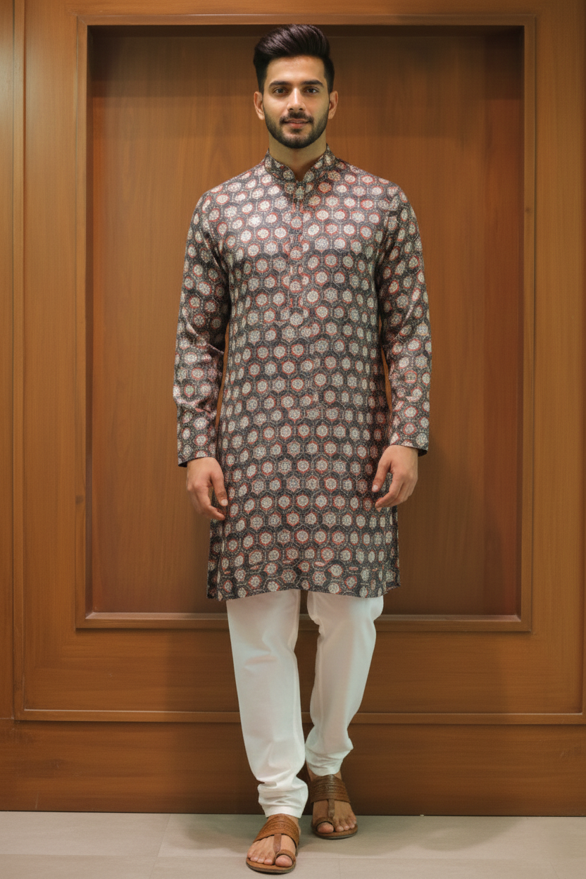 Brown geometric linen silk kurta