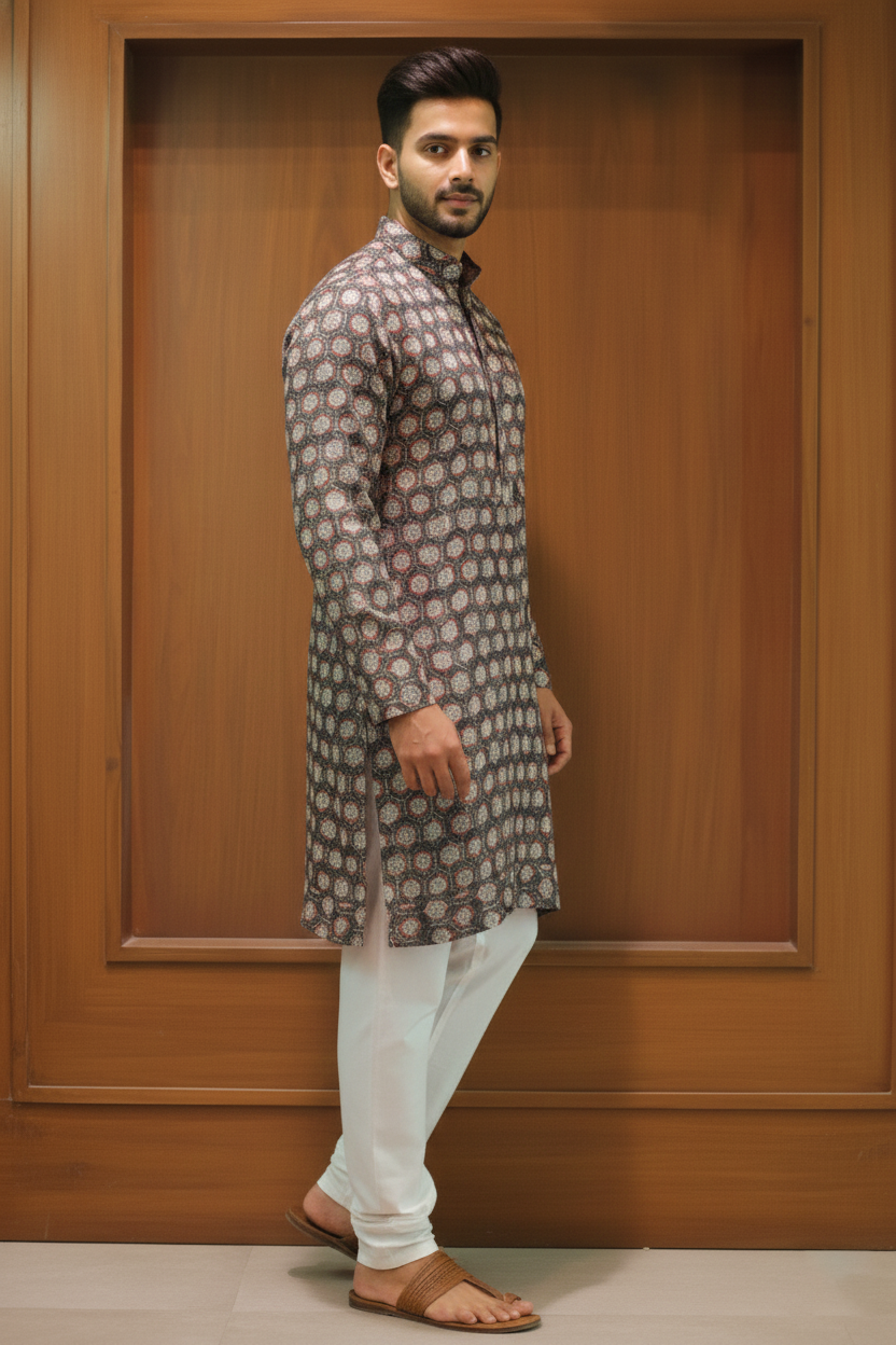 Brown geometric linen silk kurta